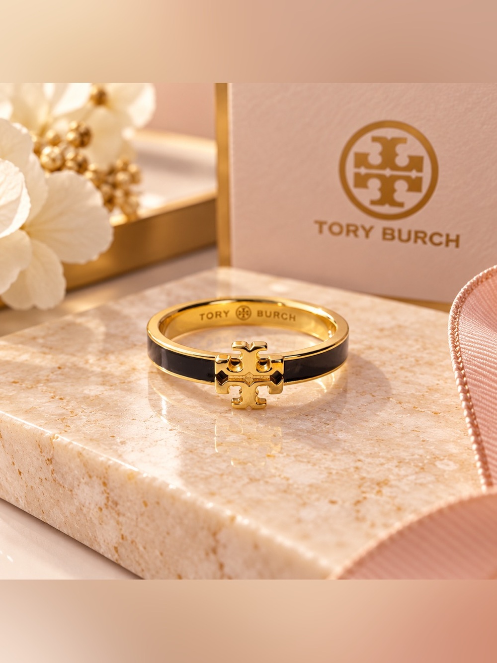 Tory Burch Gold Ring with Black Enamel Logo
